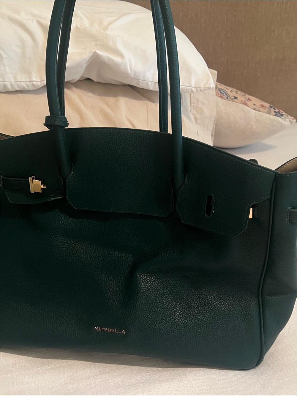 NEWBELLA Dark Green Pebbled Leather Travel Tote